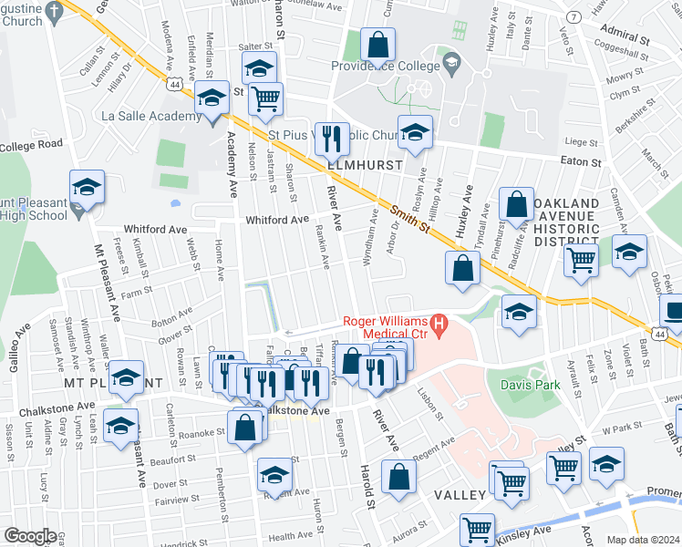 map of restaurants, bars, coffee shops, grocery stores, and more near 338 River Avenue in Providence