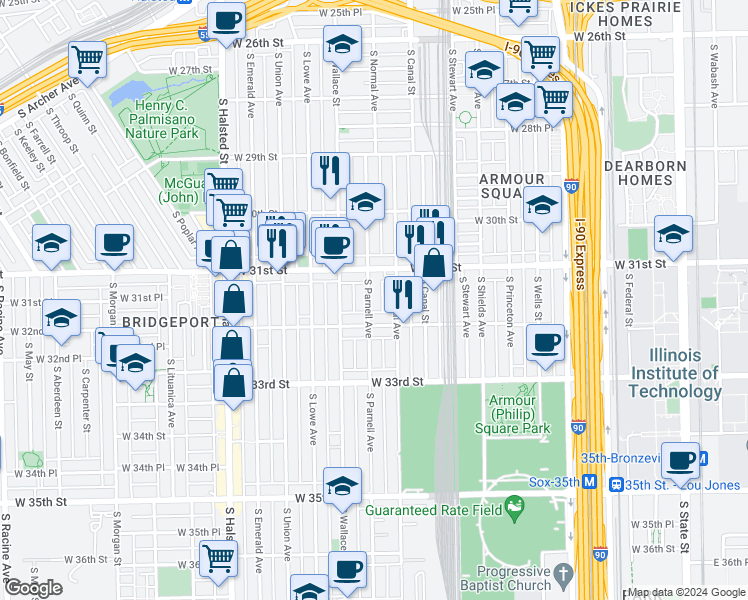 map of restaurants, bars, coffee shops, grocery stores, and more near 3133 South Parnell Avenue in Chicago