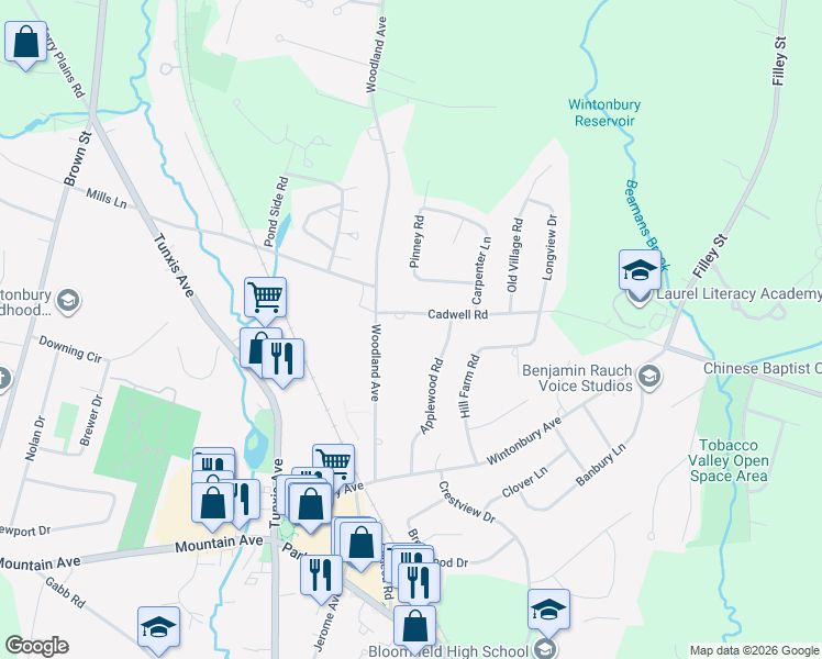 map of restaurants, bars, coffee shops, grocery stores, and more near 40 Woodland Avenue in Bloomfield