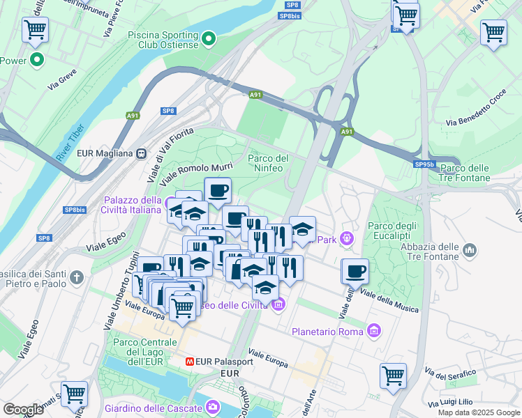 map of restaurants, bars, coffee shops, grocery stores, and more near 24 Piazzale dell'Agricoltura in Roma