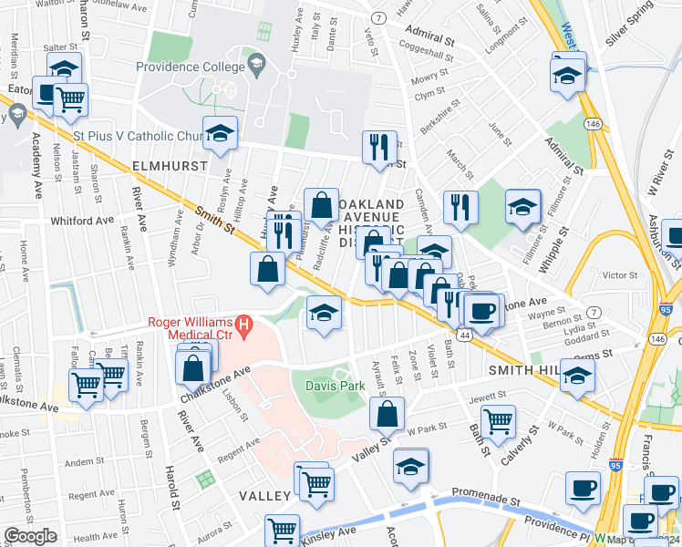 map of restaurants, bars, coffee shops, grocery stores, and more near 21 Pembroke Avenue in Providence