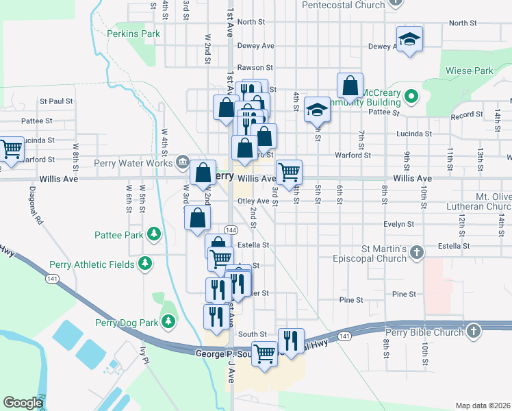 map of restaurants, bars, coffee shops, grocery stores, and more near 921 Railroad Street in Perry