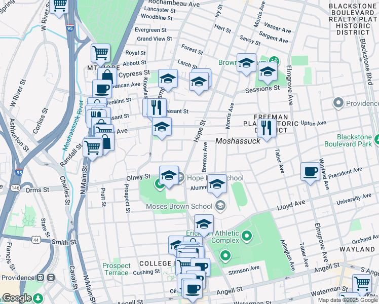 map of restaurants, bars, coffee shops, grocery stores, and more near 376 Hope Street in Providence