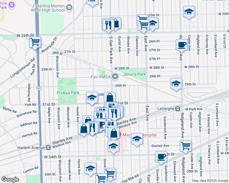 map of restaurants, bars, coffee shops, grocery stores, and more near 3015 South Oak Park Avenue in Berwyn