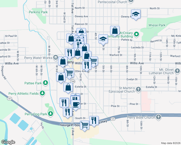 map of restaurants, bars, coffee shops, grocery stores, and more near 1305 Otley Avenue in Perry
