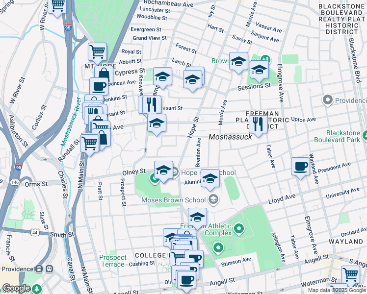 map of restaurants, bars, coffee shops, grocery stores, and more near 376 Hope Street in Providence