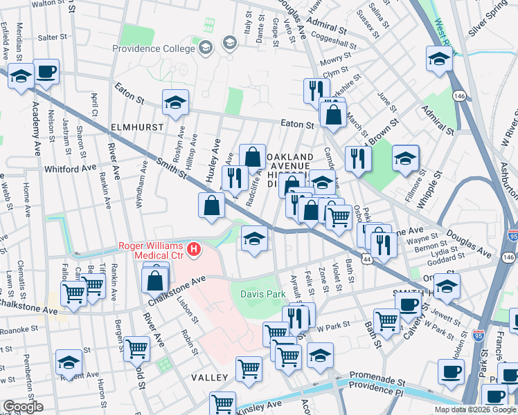 map of restaurants, bars, coffee shops, grocery stores, and more near 610 Smith Street in Providence