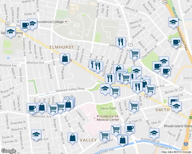 map of restaurants, bars, coffee shops, grocery stores, and more near 1 Convent Street in Providence