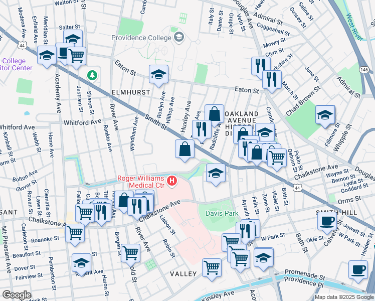 map of restaurants, bars, coffee shops, grocery stores, and more near 50 Convent Street in Providence