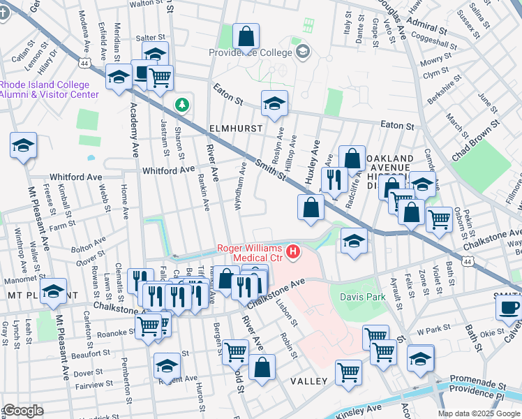 map of restaurants, bars, coffee shops, grocery stores, and more near 20 Rosebank Drive in Providence