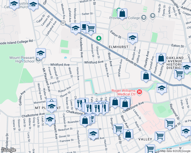 map of restaurants, bars, coffee shops, grocery stores, and more near 45 Jastram Street in Providence