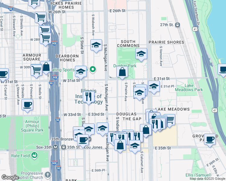 map of restaurants, bars, coffee shops, grocery stores, and more near 120 East 32nd Street in Chicago
