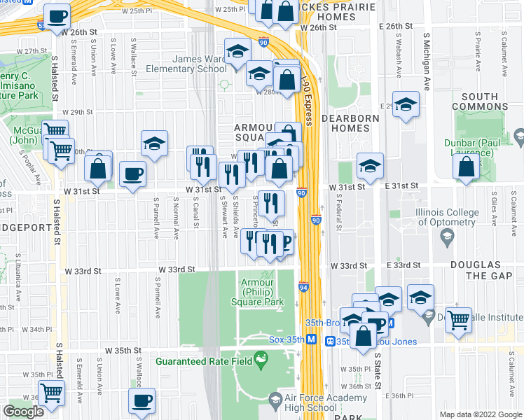 map of restaurants, bars, coffee shops, grocery stores, and more near 3160 South Wells Street in Chicago