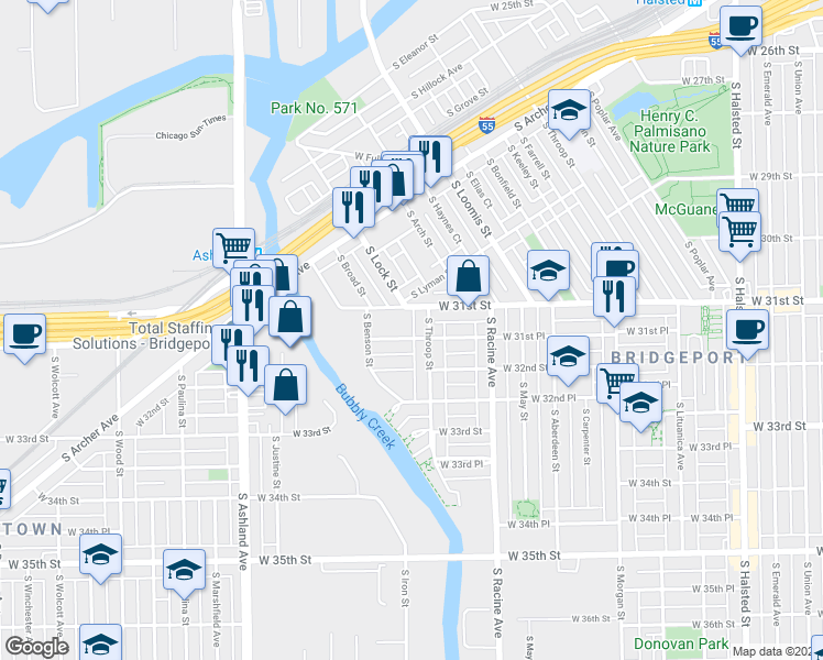 map of restaurants, bars, coffee shops, grocery stores, and more near 3144 South Throop Street in Chicago
