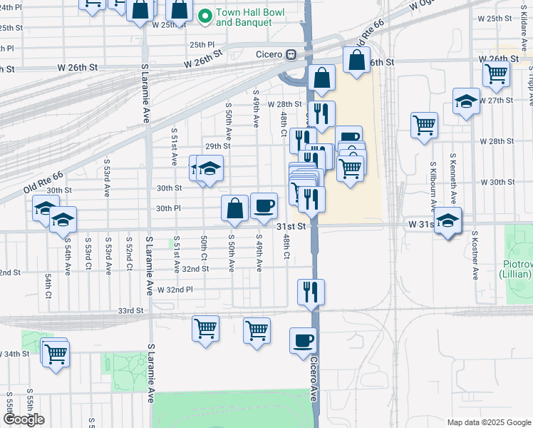 map of restaurants, bars, coffee shops, grocery stores, and more near 490 South 49th Avenue in Cicero