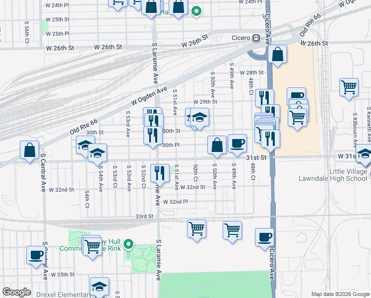 map of restaurants, bars, coffee shops, grocery stores, and more near 5059 West 31st Street in Cicero
