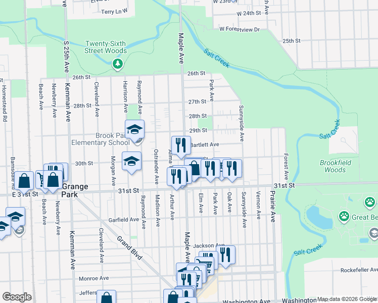 map of restaurants, bars, coffee shops, grocery stores, and more near 1146 North Maple Avenue in La Grange Park