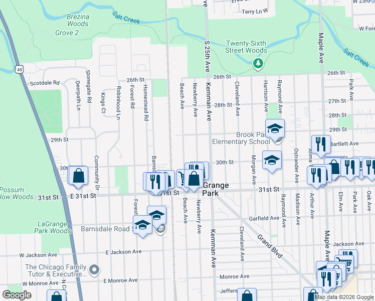 map of restaurants, bars, coffee shops, grocery stores, and more near 1200 Beach Avenue in La Grange Park