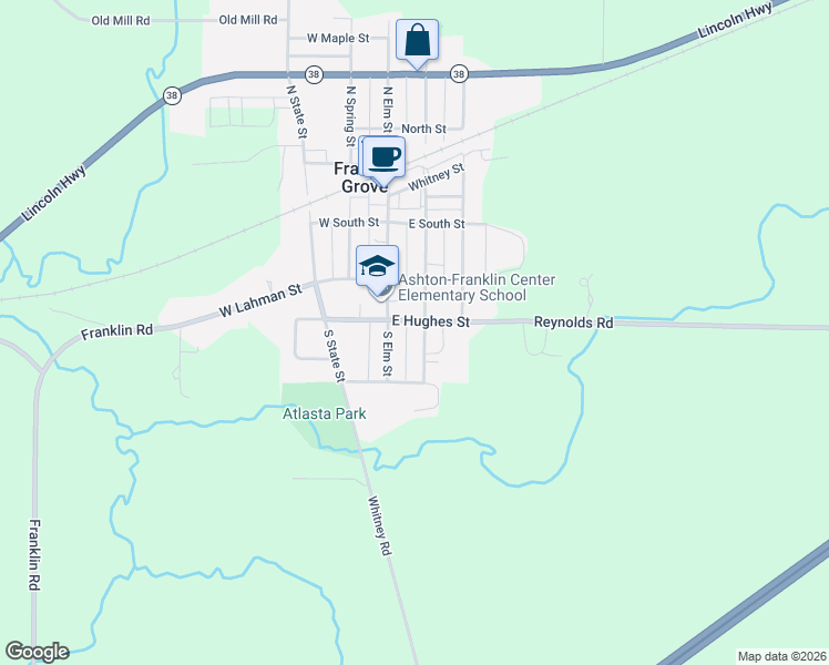 map of restaurants, bars, coffee shops, grocery stores, and more near 336 South Walnut Street in Franklin Grove