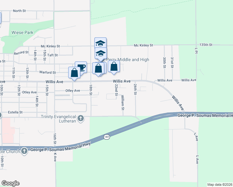 map of restaurants, bars, coffee shops, grocery stores, and more near 809 William Street in Perry