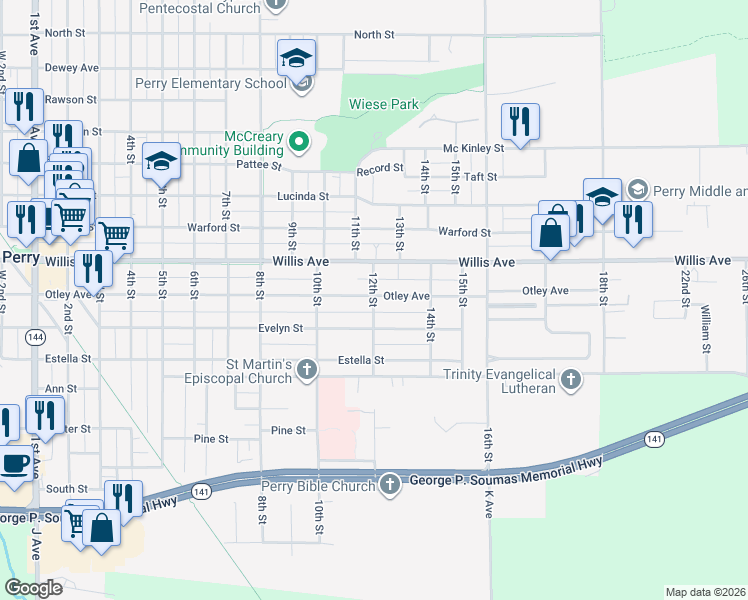 map of restaurants, bars, coffee shops, grocery stores, and more near 2202 Evelyn Street in Perry
