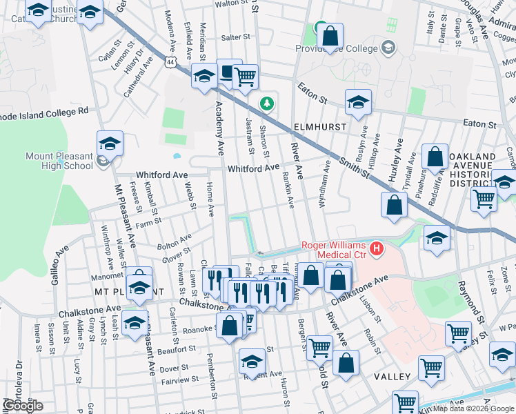 map of restaurants, bars, coffee shops, grocery stores, and more near 45 Jastram Street in Providence
