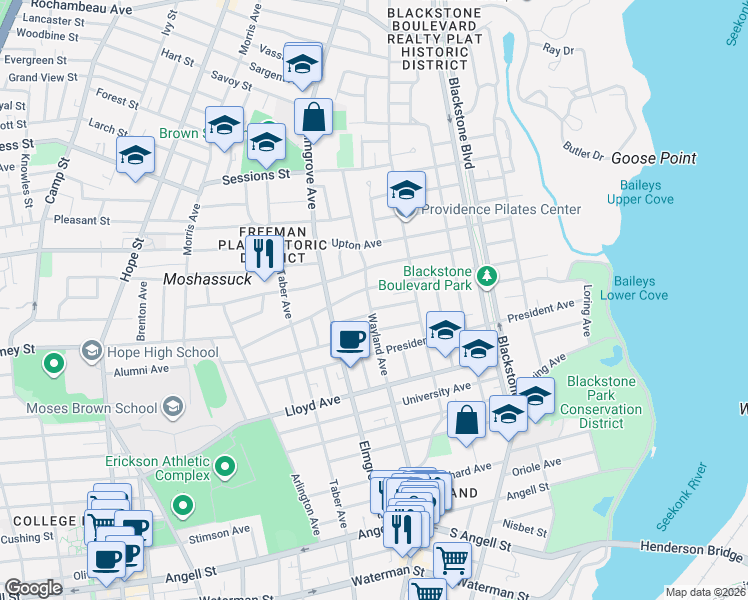 map of restaurants, bars, coffee shops, grocery stores, and more near 443 Wayland Avenue in Providence