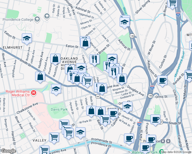 map of restaurants, bars, coffee shops, grocery stores, and more near 62 Pekin Street in Providence