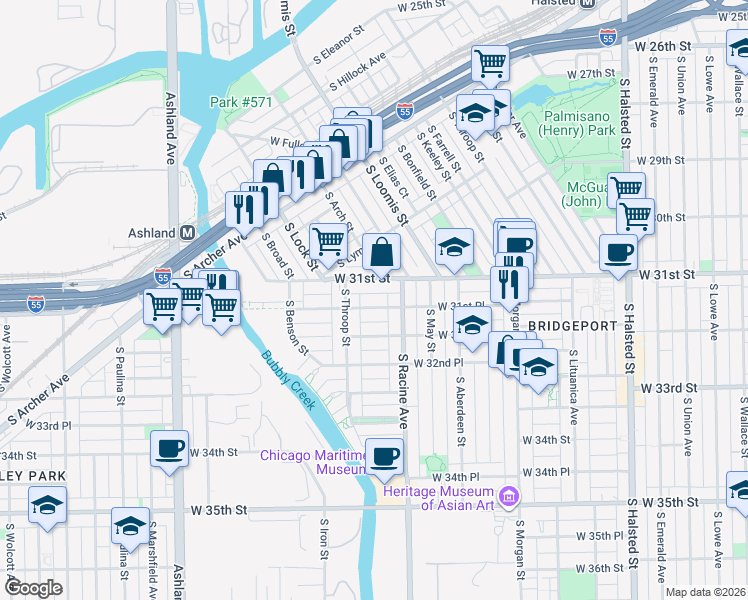 map of restaurants, bars, coffee shops, grocery stores, and more near 1222 West 31st Street in Chicago