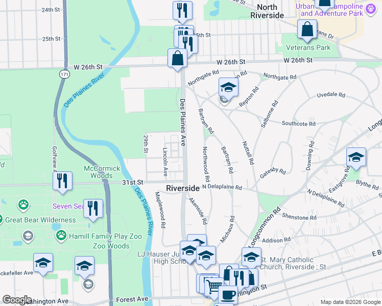 map of restaurants, bars, coffee shops, grocery stores, and more near 329 Des Plaines Avenue in Riverside