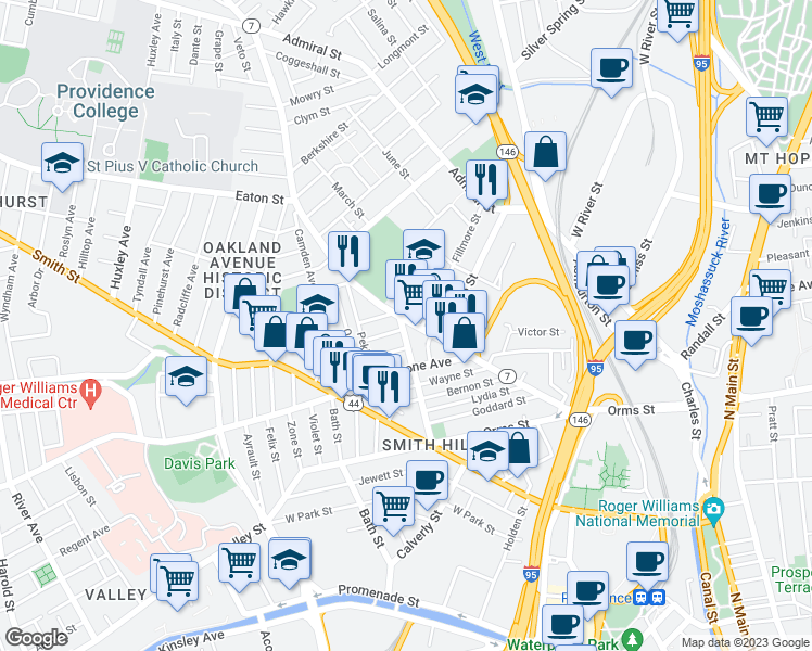 map of restaurants, bars, coffee shops, grocery stores, and more near 206 Douglas Avenue in Providence