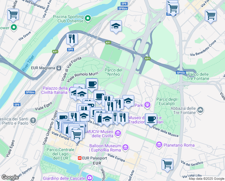 map of restaurants, bars, coffee shops, grocery stores, and more near 24 Piazzale dell'Agricoltura in Roma