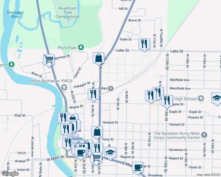 map of restaurants, bars, coffee shops, grocery stores, and more near 598 Dey Street in Niles