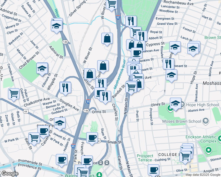 map of restaurants, bars, coffee shops, grocery stores, and more near Interstate 95 in Providence