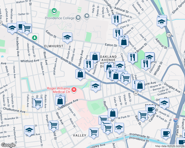 map of restaurants, bars, coffee shops, grocery stores, and more near 41 Radcliffe Avenue in Providence