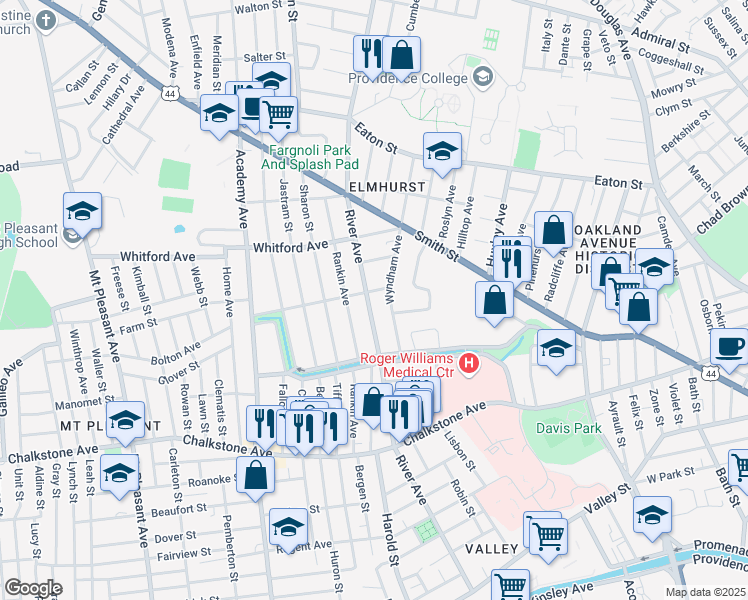 map of restaurants, bars, coffee shops, grocery stores, and more near 86 Wyndham Avenue in Providence