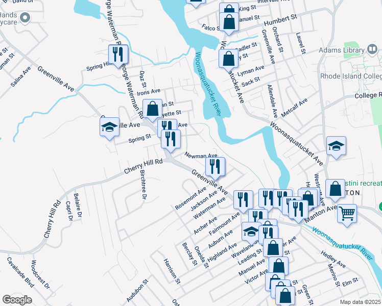 map of restaurants, bars, coffee shops, grocery stores, and more near 39 Binghampton Avenue in Johnston