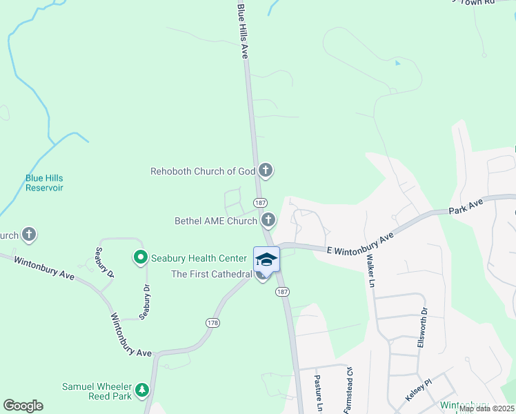 map of restaurants, bars, coffee shops, grocery stores, and more near 1168 Blue Hills Avenue in Bloomfield