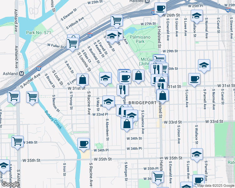 map of restaurants, bars, coffee shops, grocery stores, and more near 1035 West 31st Street in Chicago