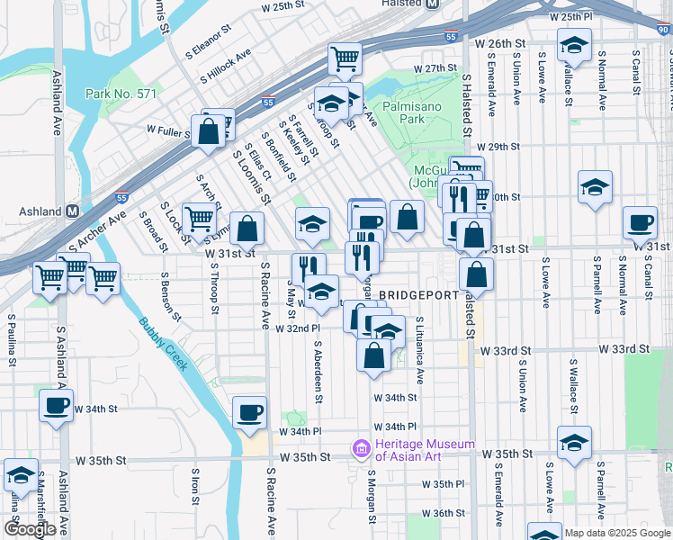 map of restaurants, bars, coffee shops, grocery stores, and more near 1035 West 31st Street in Chicago