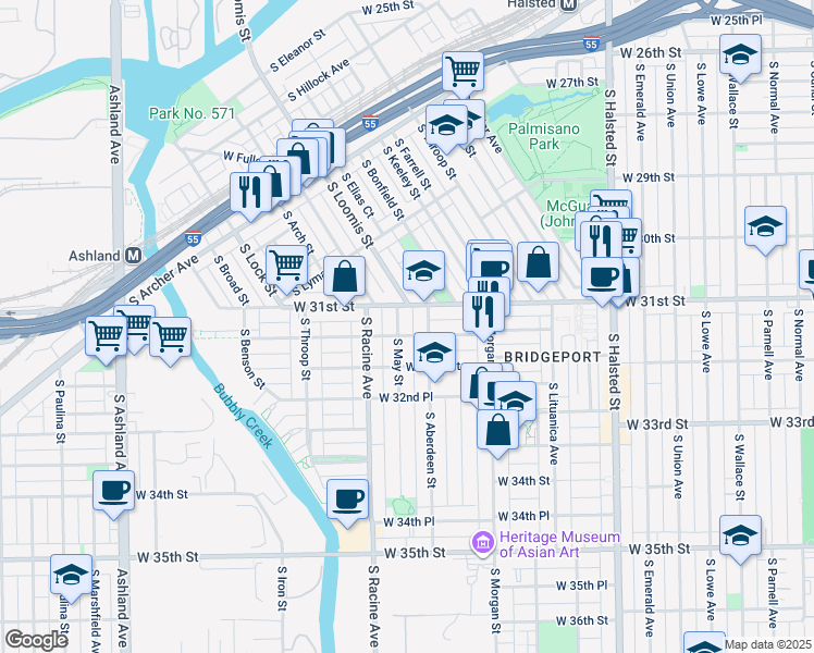 map of restaurants, bars, coffee shops, grocery stores, and more near 1103 West 31st Street in Chicago