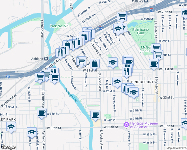 map of restaurants, bars, coffee shops, grocery stores, and more near 1222 West 31st Street in Chicago