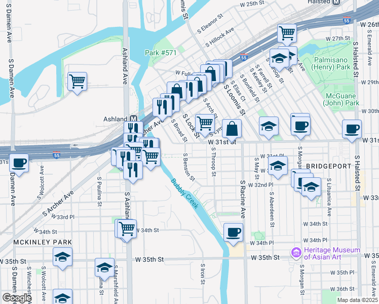 map of restaurants, bars, coffee shops, grocery stores, and more near 3084 South Lock Street in Chicago