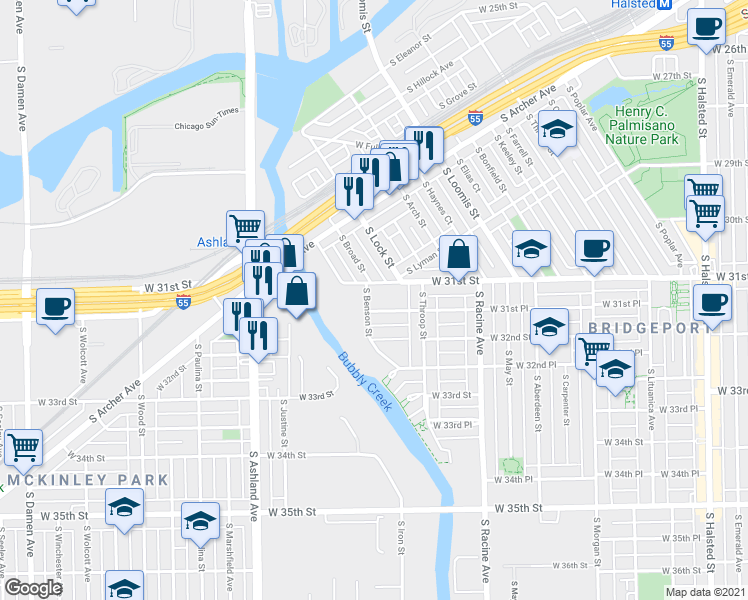 map of restaurants, bars, coffee shops, grocery stores, and more near 3084 South Lock Street in Chicago