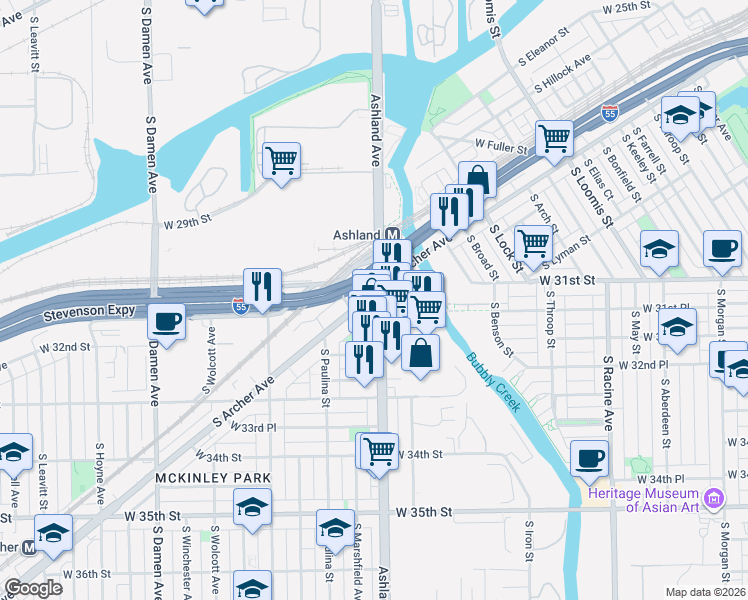 map of restaurants, bars, coffee shops, grocery stores, and more near 3111 South Archer Avenue in Chicago
