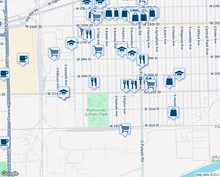 map of restaurants, bars, coffee shops, grocery stores, and more near 3023 South Keeler Avenue in Chicago