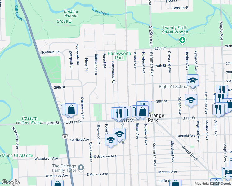 map of restaurants, bars, coffee shops, grocery stores, and more near 1249 Homestead Road in La Grange Park