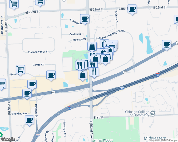 map of restaurants, bars, coffee shops, grocery stores, and more near in Lombard