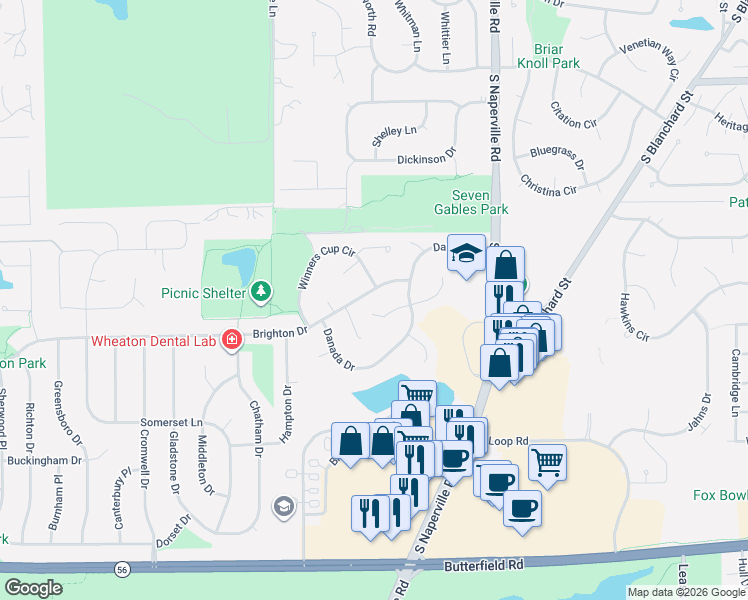 map of restaurants, bars, coffee shops, grocery stores, and more near 161 Brighton Drive in Wheaton