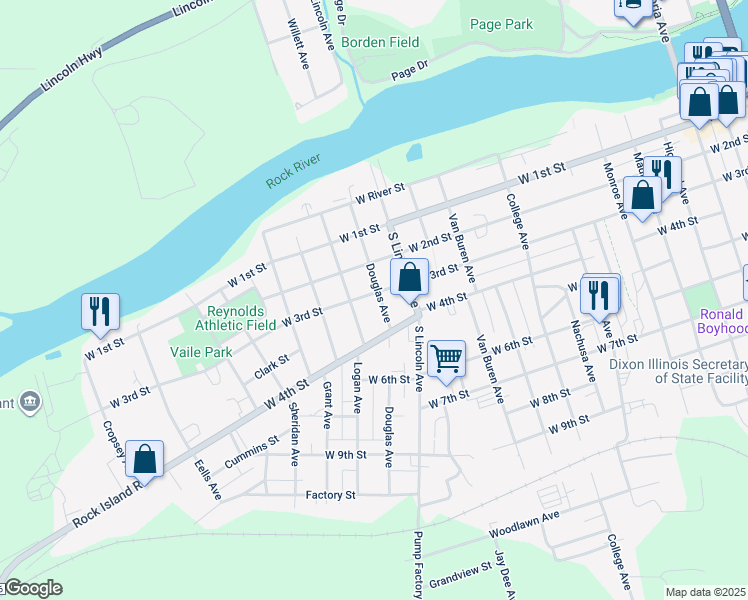 map of restaurants, bars, coffee shops, grocery stores, and more near 211 Douglas Avenue in Dixon